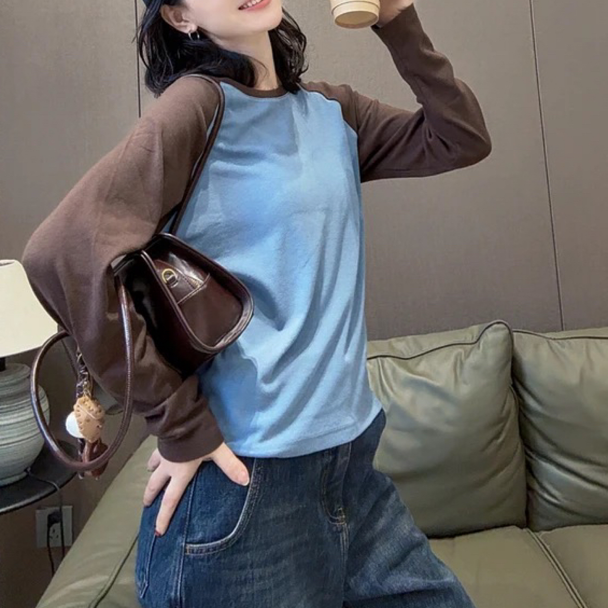 美式撞色插肩袖宽松慵懒简约内搭长袖25355