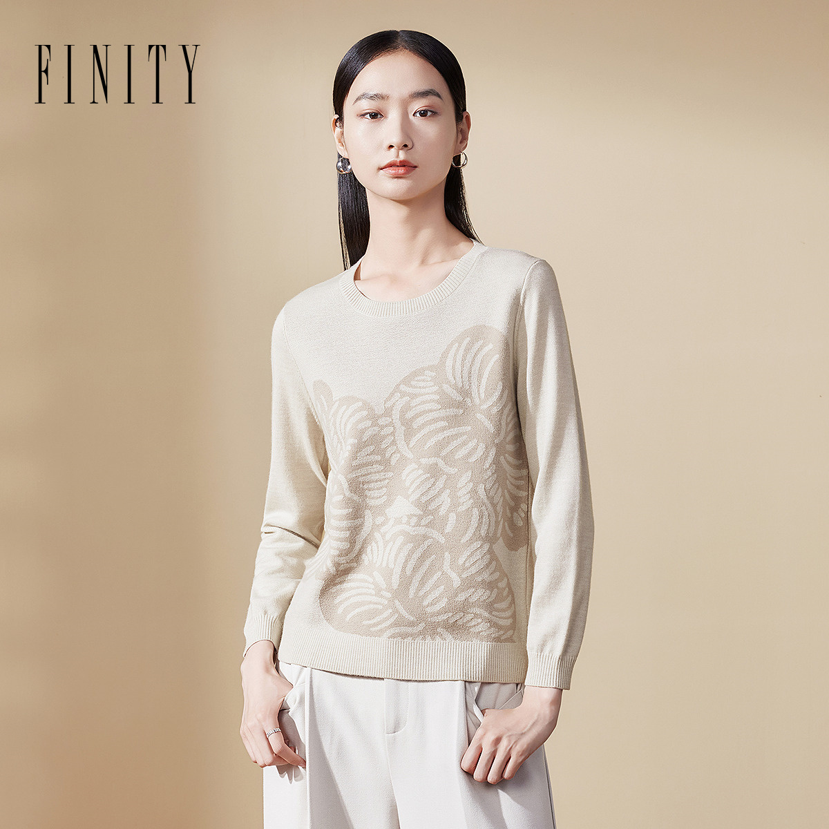 FINITY春夏新品长袖针织时尚休闲百搭女士圆领提花