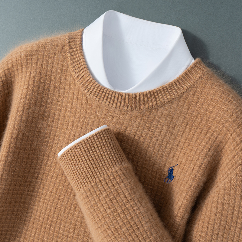 秋冬新款圆领100%纯羊毛衫男纯色加厚毛衣休闲商务羊毛针织打底衫