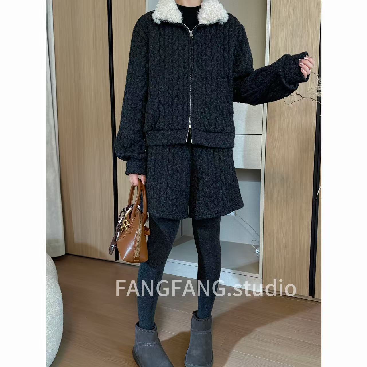 方方私服 慵懒风高腰短裤女装冬加厚时尚套装外套+短款两件套6595