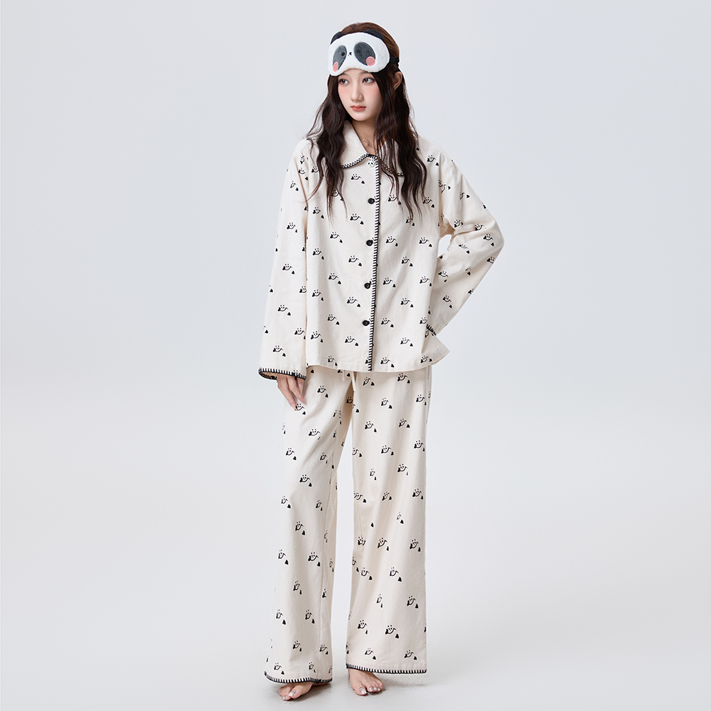 秋冬女士纯棉磨毛熊猫印花长袖长裤睡衣套装