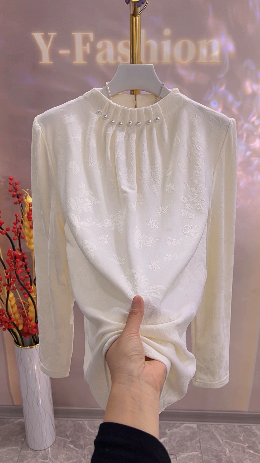 2025年.冬新款3236提花加绒长袖打底小半高领钉珠气质显瘦时尚