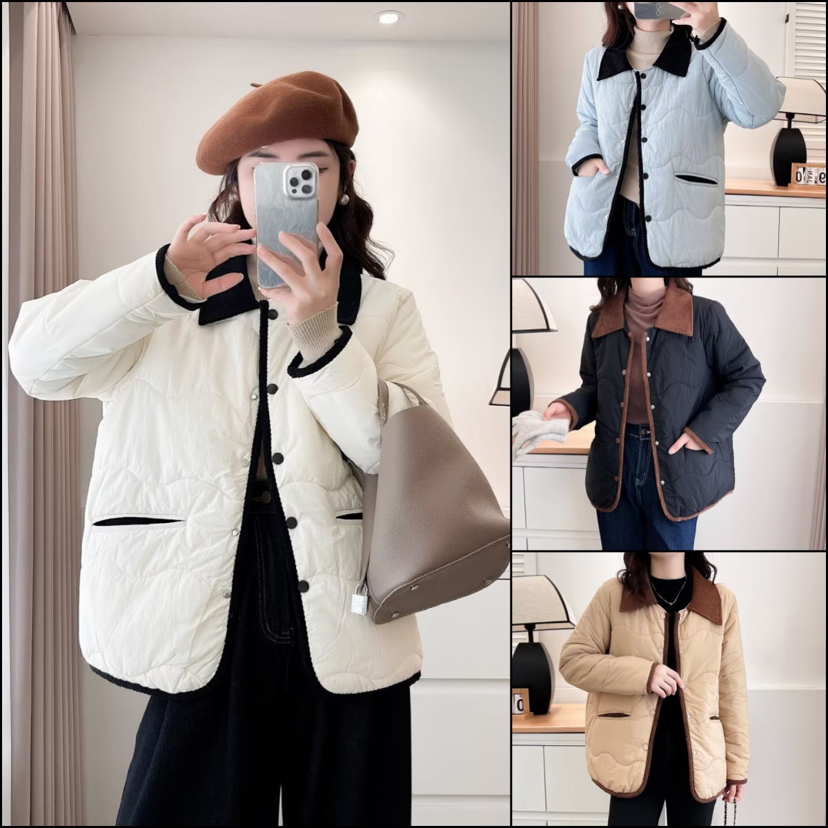 HUIZHIMEI/绘智美微胖大码冬季新款洋气显瘦高级感翻领撞色棉衣女