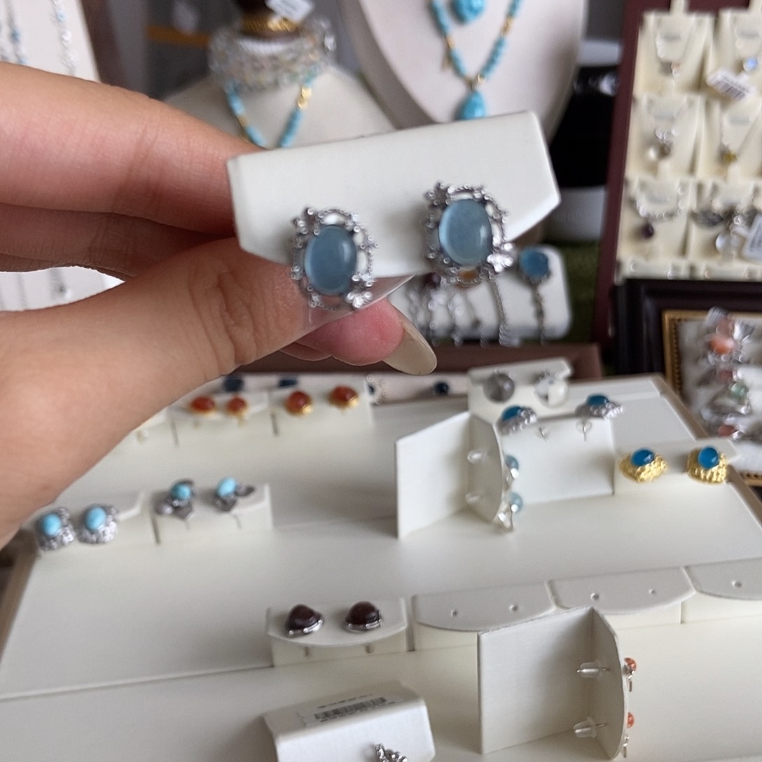 ****️水晶戒指银S925镶嵌海蓝宝耳钉