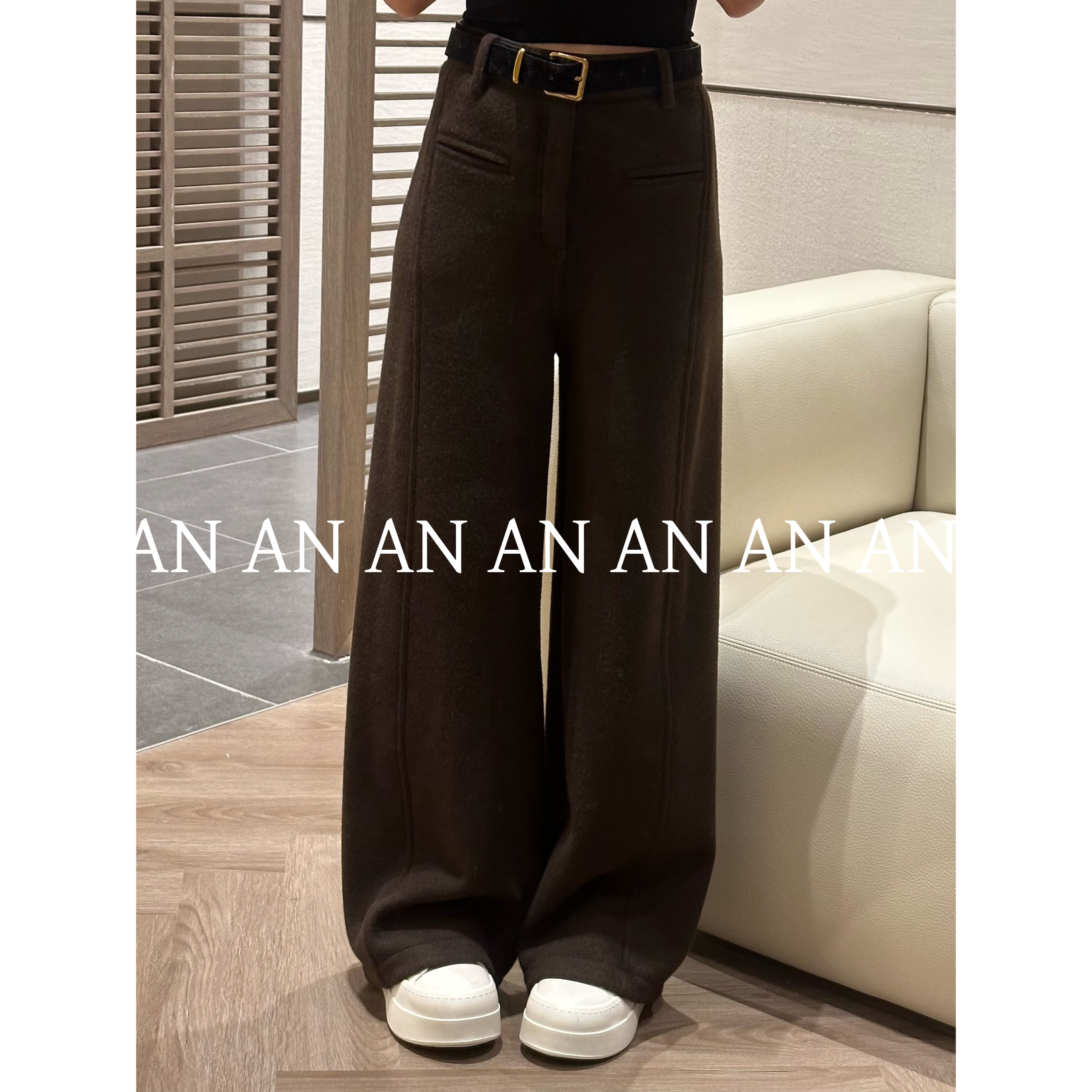 C11363复古垂坠感显腿直前面口袋宽松后松紧腰加绒休闲裤