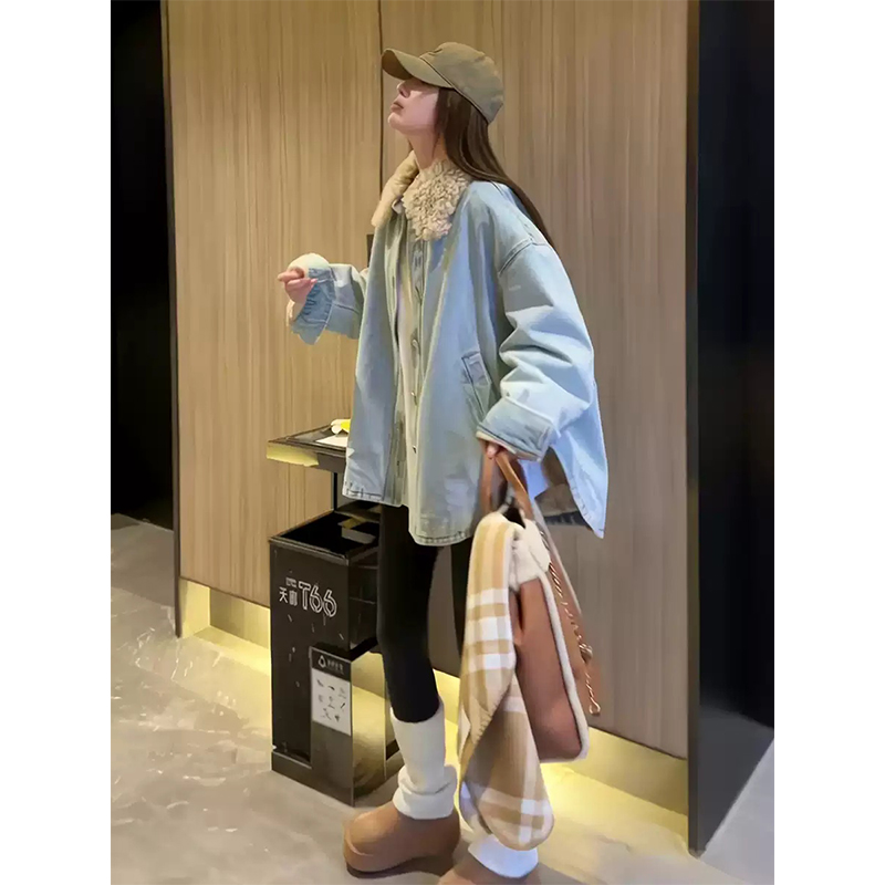 蓝色牛仔上衣毛翻领女2025秋冬季韩版加厚新款宽松百搭夹棉外套潮