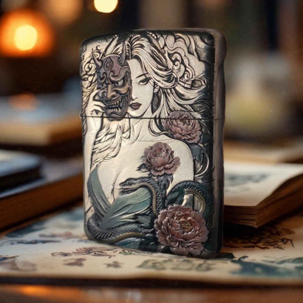 ZORRO【般若艺妓】佐罗二代镀银珐琅彩盔甲浮雕煤油打火机