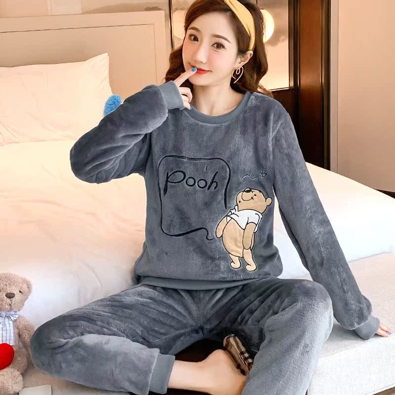 成人韩版睡衣女冬季法兰绒睡衣可爱卡通珊瑚绒加厚睡衣女士家居服