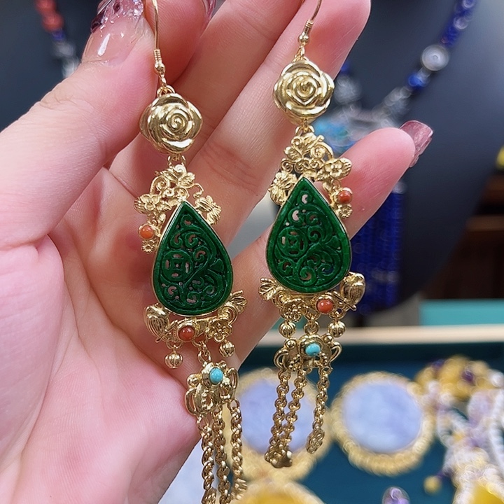 翡翠耳饰银S925镶嵌耳环