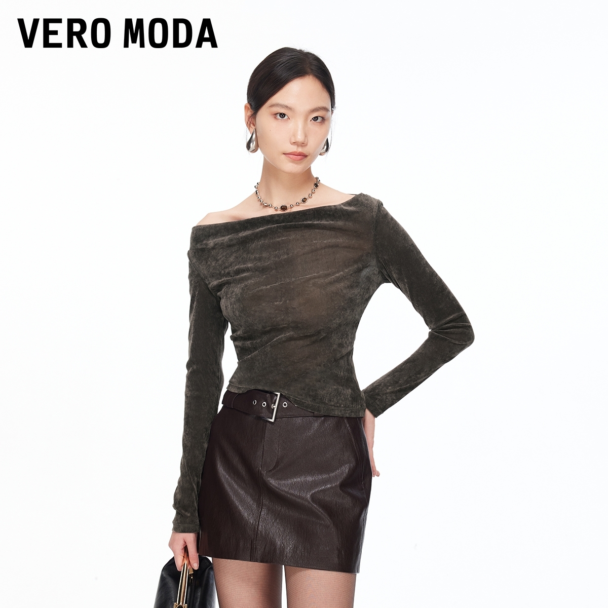 Vero ModaT恤2026春新款扎染风印花一字肩修身上衣T恤百搭显瘦