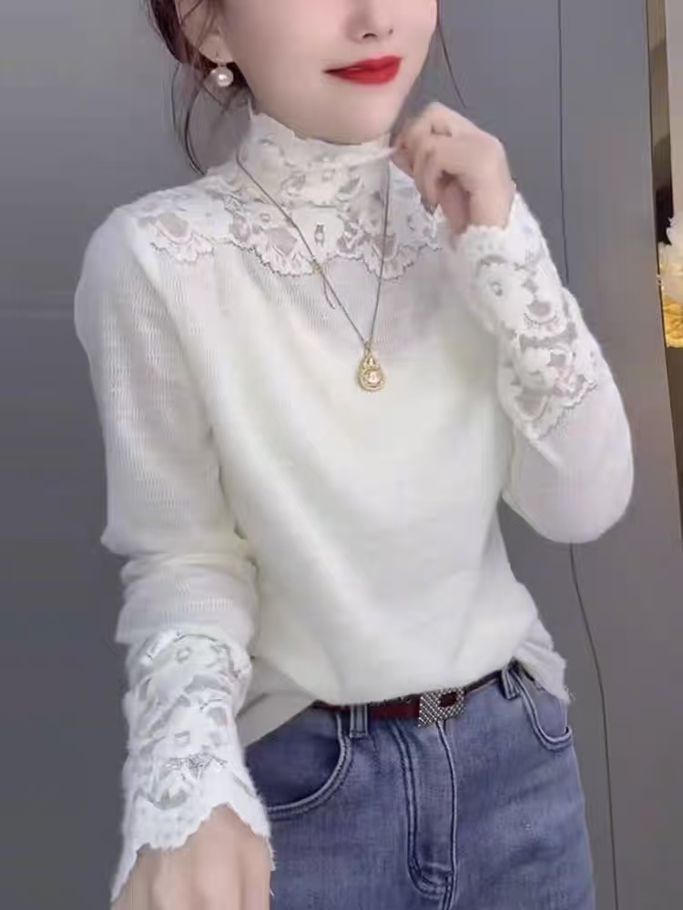 高领蕾丝打底衫秋冬新款内搭叠穿蕾丝钩花长袖小衫高级感上衣6680