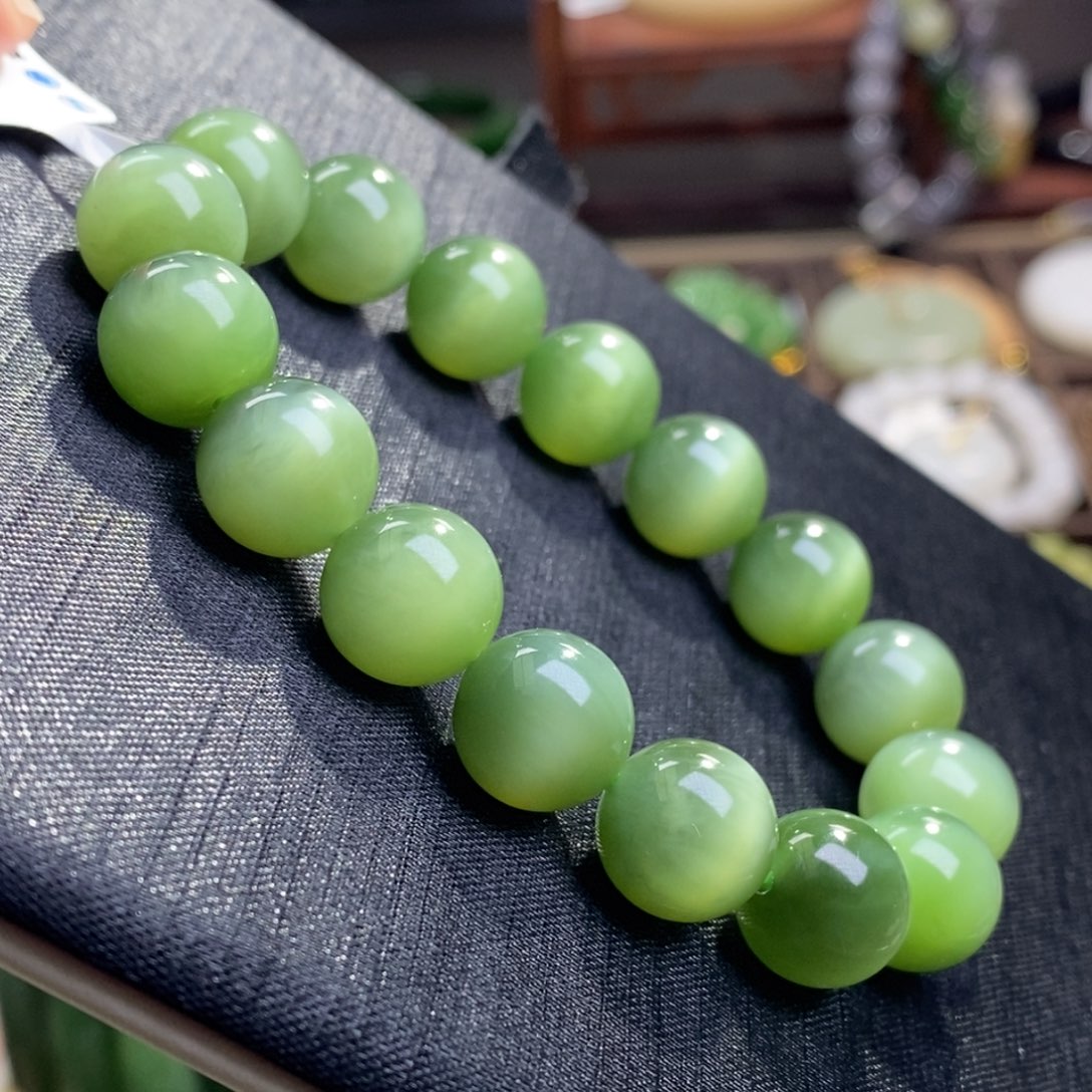 和田玉碧玉猫眼手串12MM未镶嵌