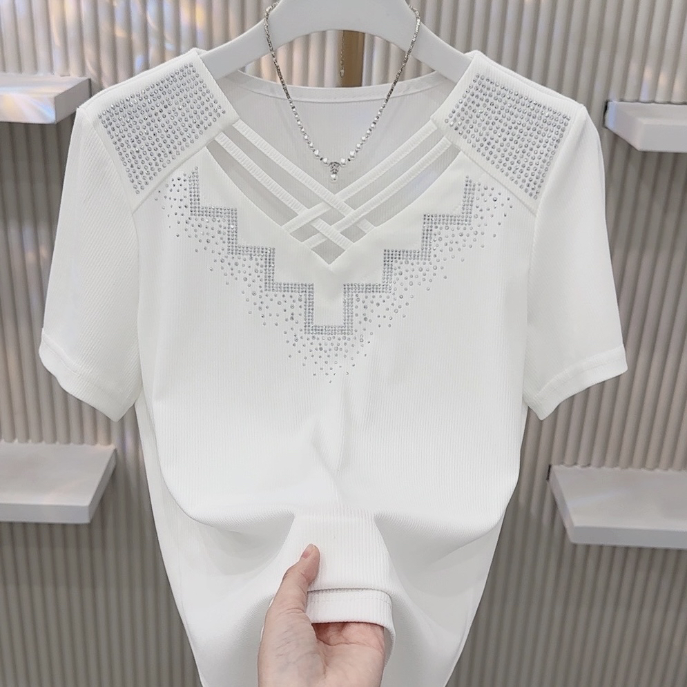 夏季新款2025法式重工烫钻交叉大码宽松时尚减龄百搭打底短袖半袖