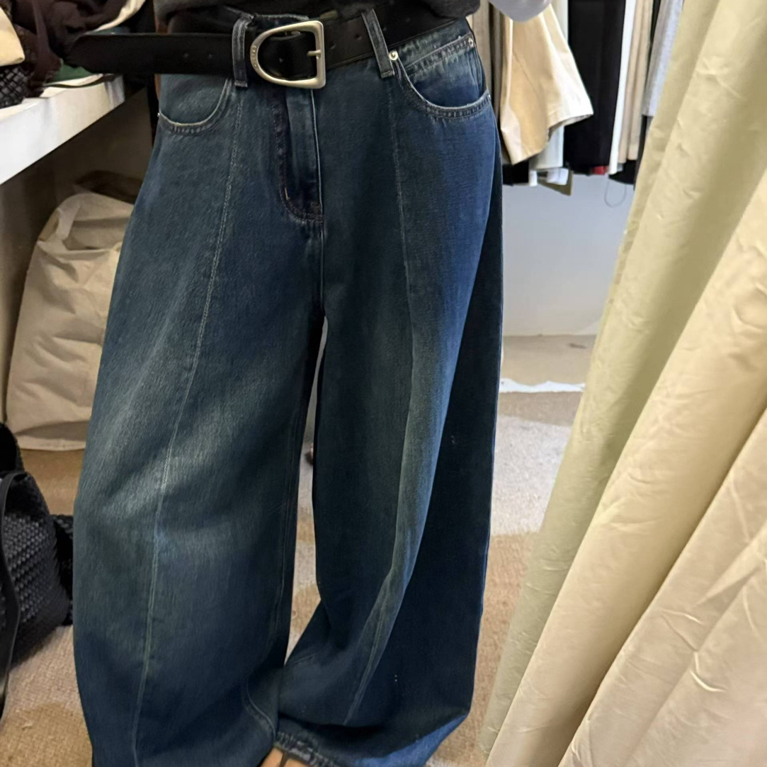 韩系小众设计高腰气球牛仔裤女2025秋季新款高级感显瘦阔腿长裤子