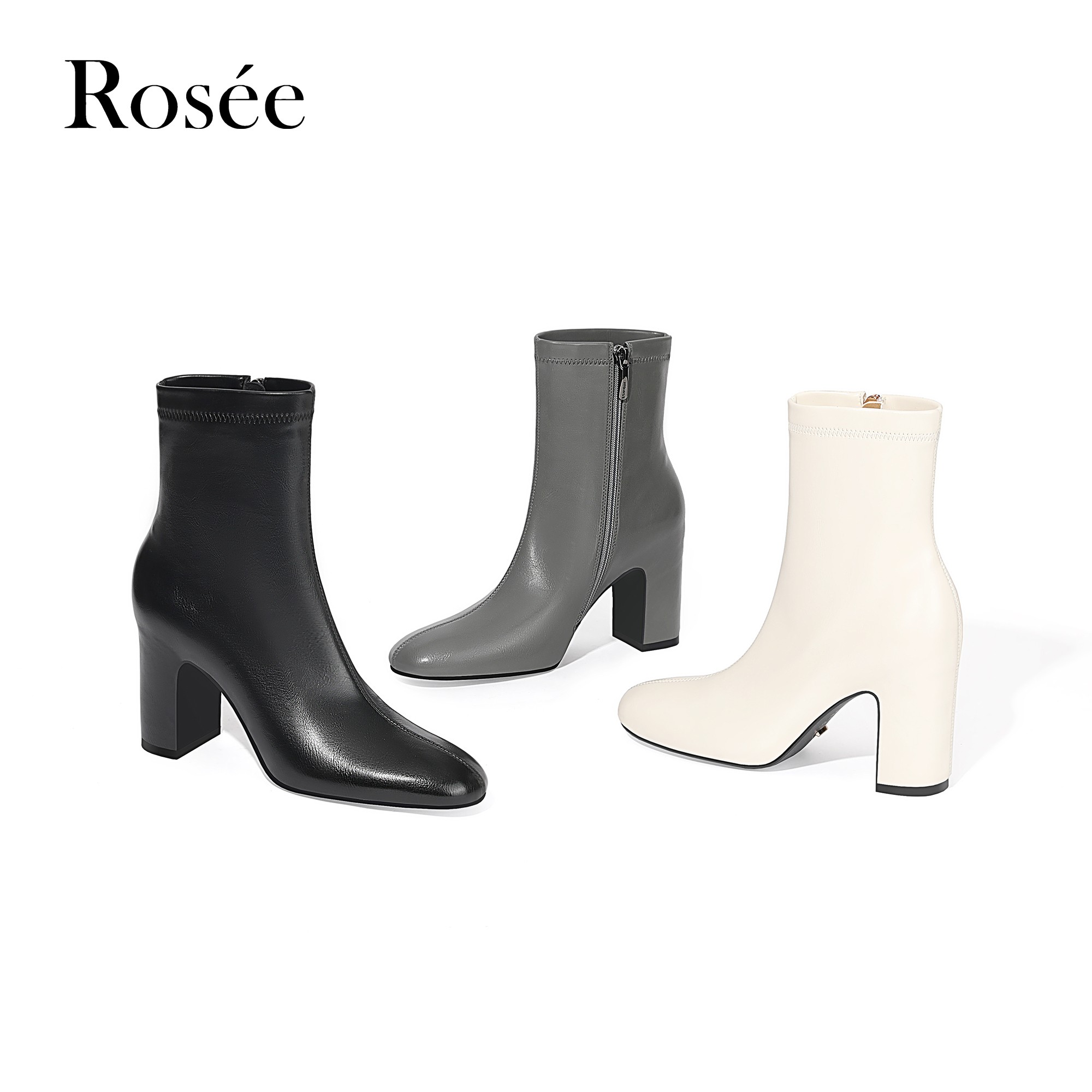 【跟高6cm】2025年冬新款纯色圆头粗跟高跟短靴侧拉链简约百搭女