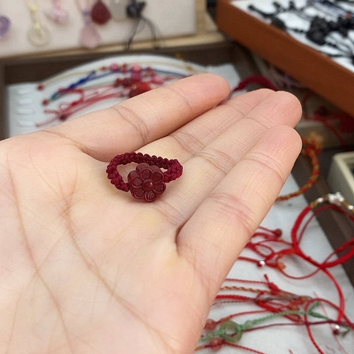 布艺非金属朱砂戒指手工编织酒红色
