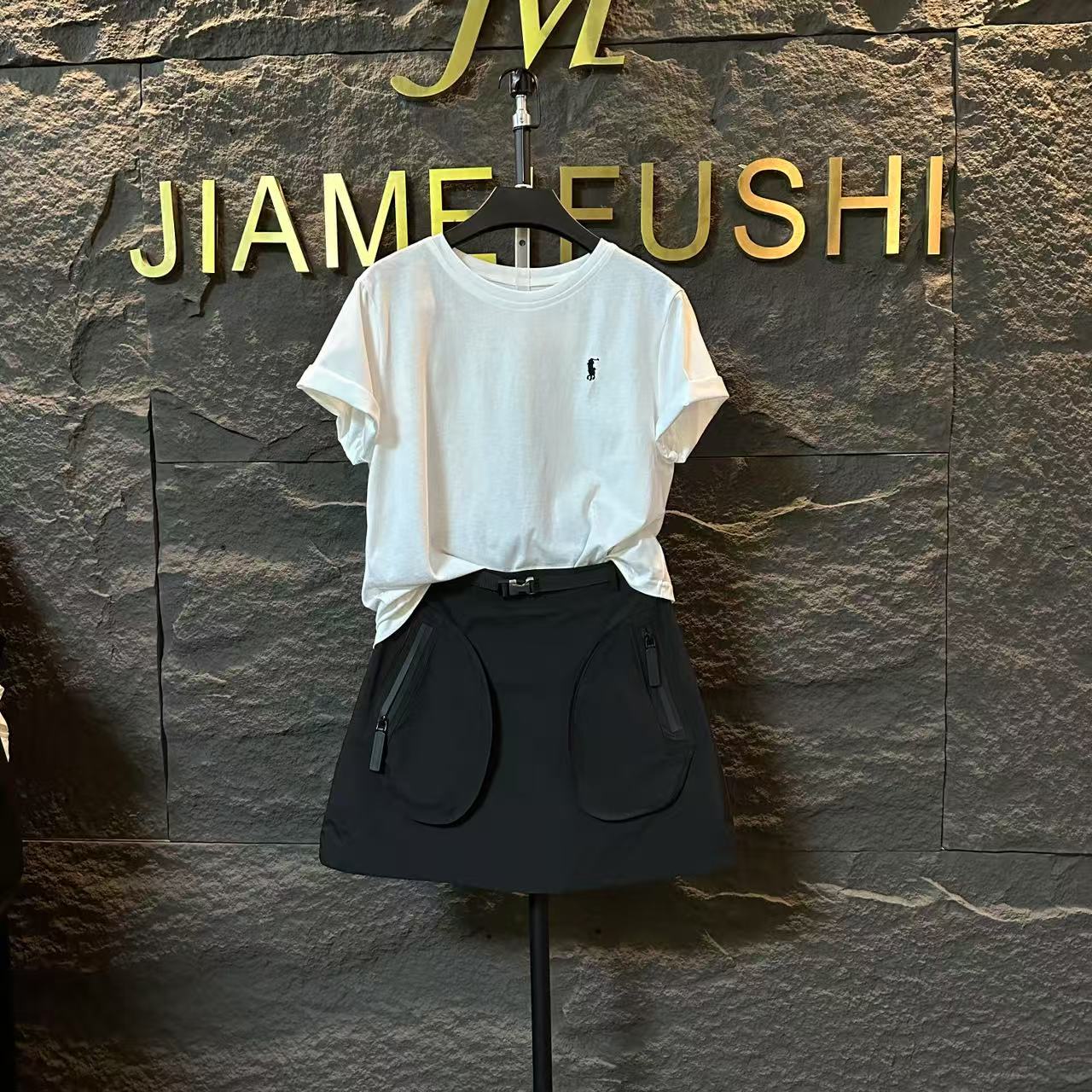 JM新款现货D家同款夏季黑白色短袖两件套拼接显瘦短裙1205