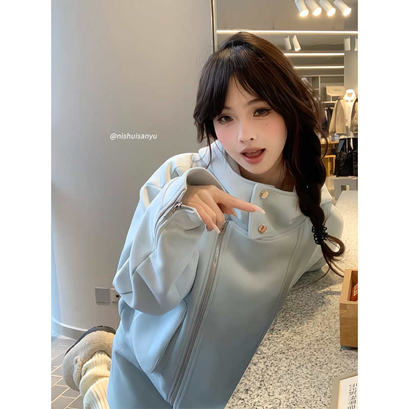 溺水三鱼【薄荷蓝调】秋冬韩版运动休闲套装立领连帽外套包臀半裙