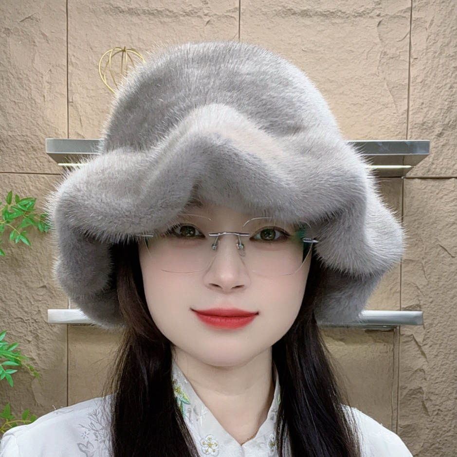 水貂毛帽子女士大檐礼帽软帽大荷叶边高档时尚洋气冬保暖