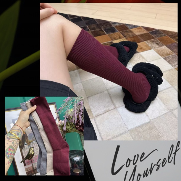 勃艮第红韩版潮流简约百搭净版纯色细纹双针及膝小腿堆堆棉袜子女