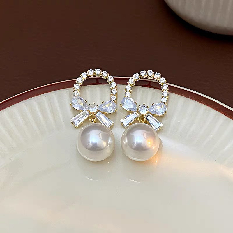 铜合金仿珍珠耳饰 【满星蝴蝶结】珠珠吊坠S925银耳钉