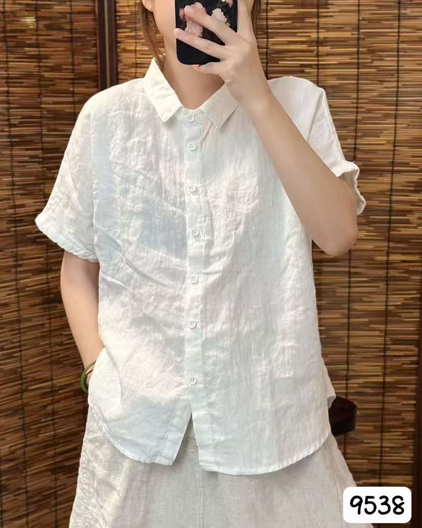 夏季亚麻短袖翻领衬衫文艺复古时尚百搭休闲气质纯色