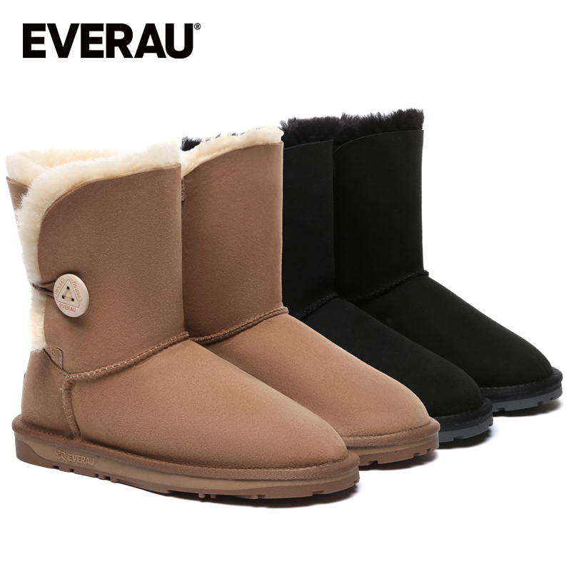 EVERAU中筒纽扣款雪地靴女2025年冬季新款羊皮毛一体棉靴UEA3003