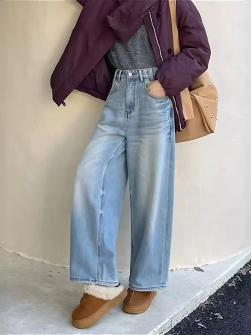 SU【382】代G  愫凤 牛仔裤女冬季无弹高腰暖肤绒保暖十分弯刀裤