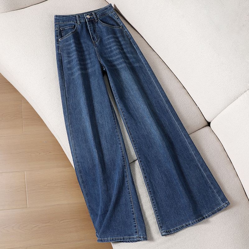 复古蓝微喇牛仔裤女春秋季新款高腰小个子宽松不贴腿加长拖地长裤