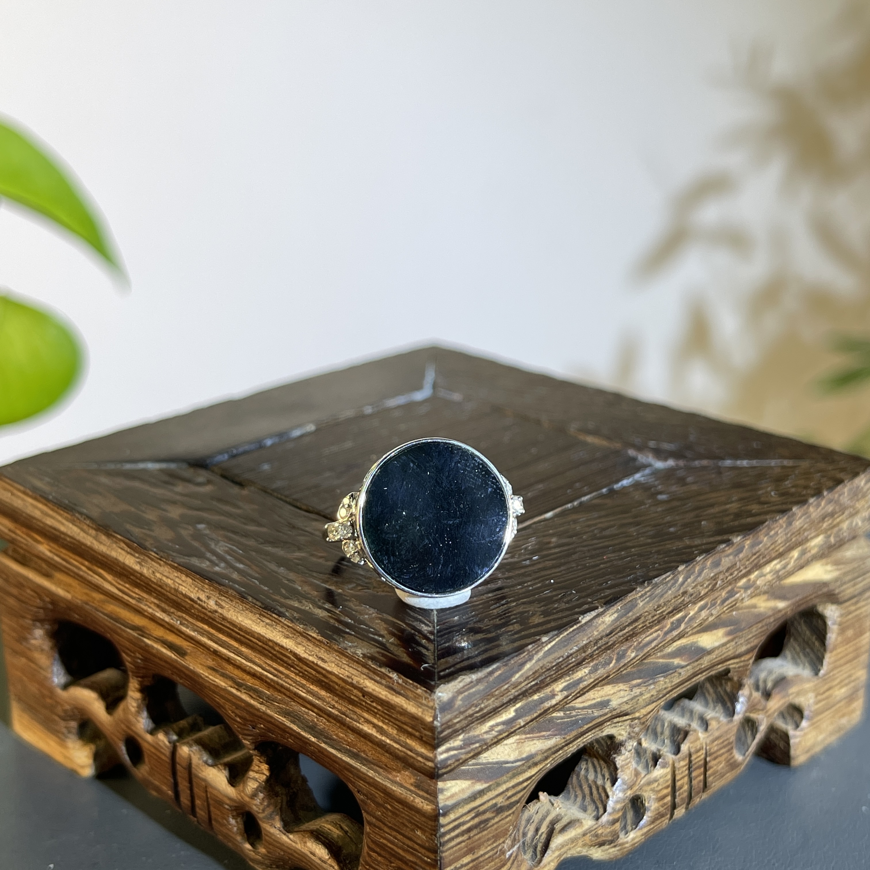 JTW14-143 黑色天然翡翠A货  黑-18K镶嵌戒指14#