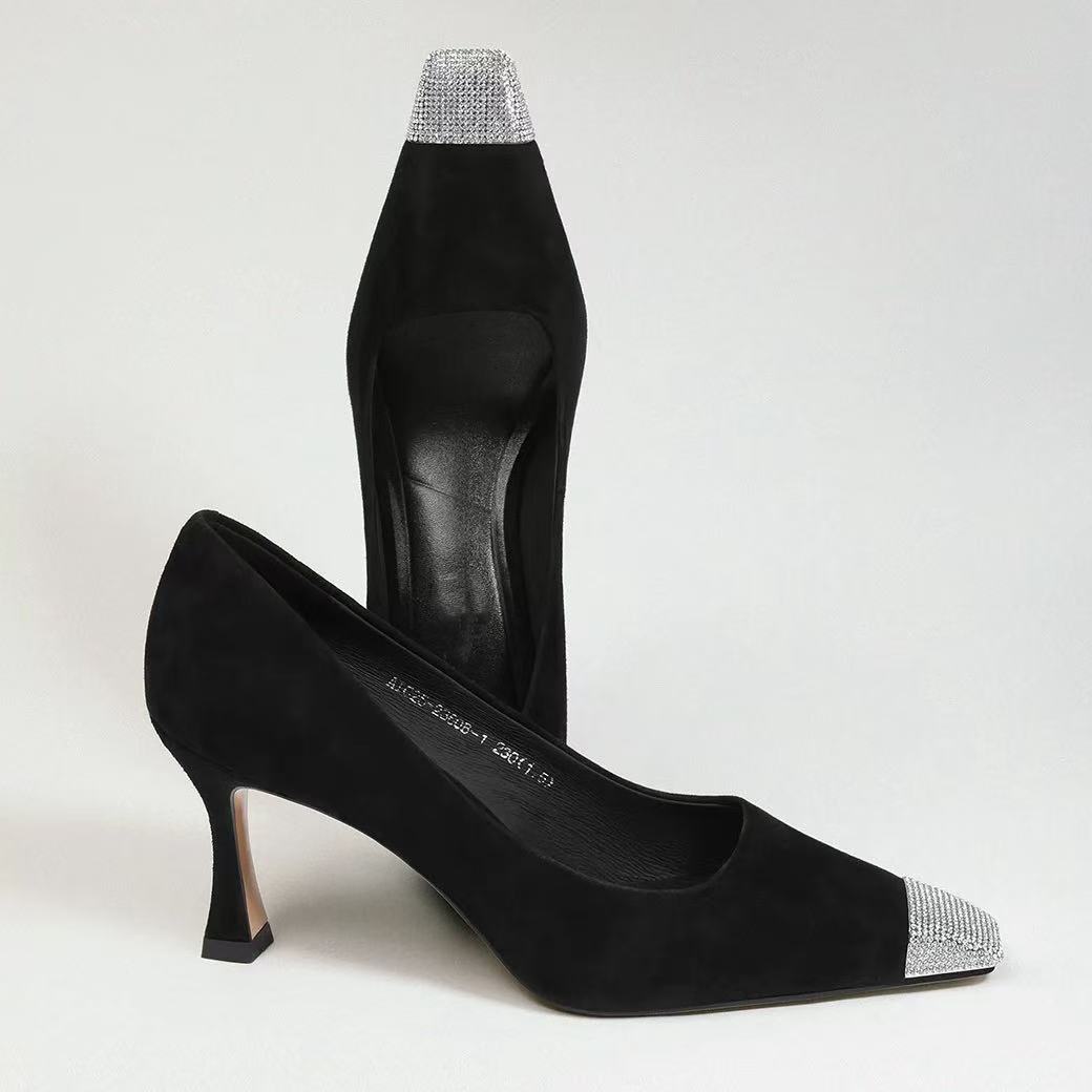 C3193 黑色 高端时尚方头气质细高跟浅口女单鞋