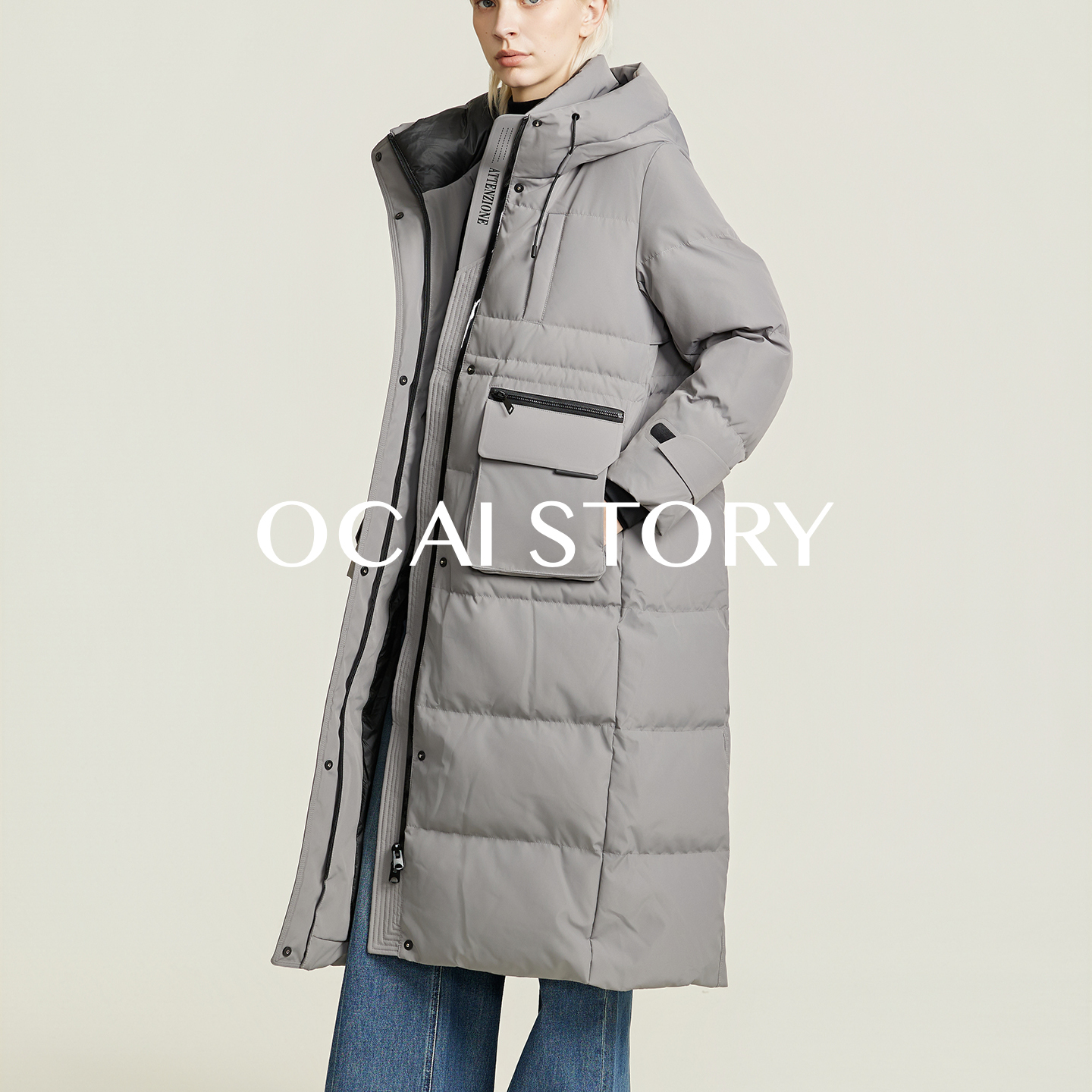 OACI/明星款时髦精90白鸭绒连帽长款保暖羽绒服 254bbyr010014