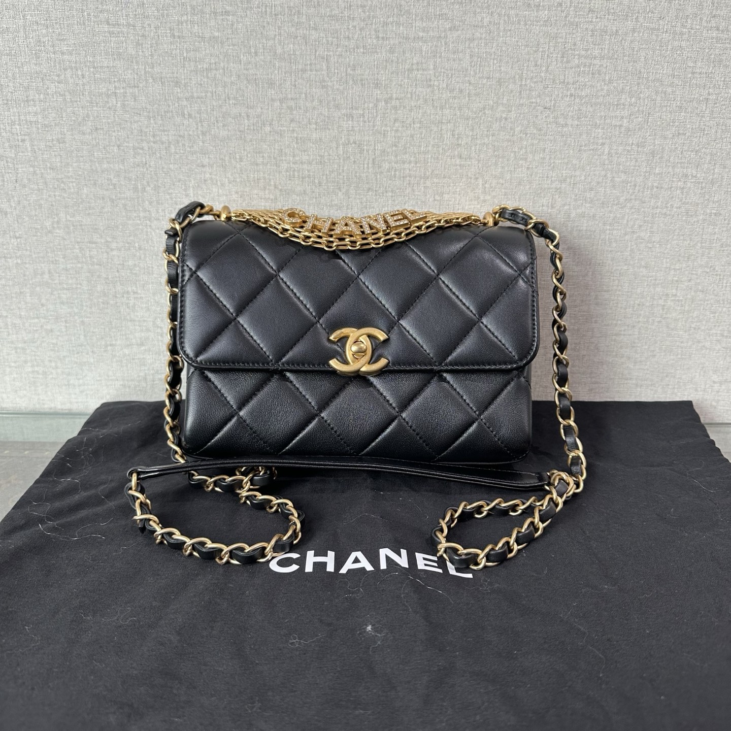 99新 Chanel/香奈儿 黑金菱格方胖子单肩斜挎包 07551