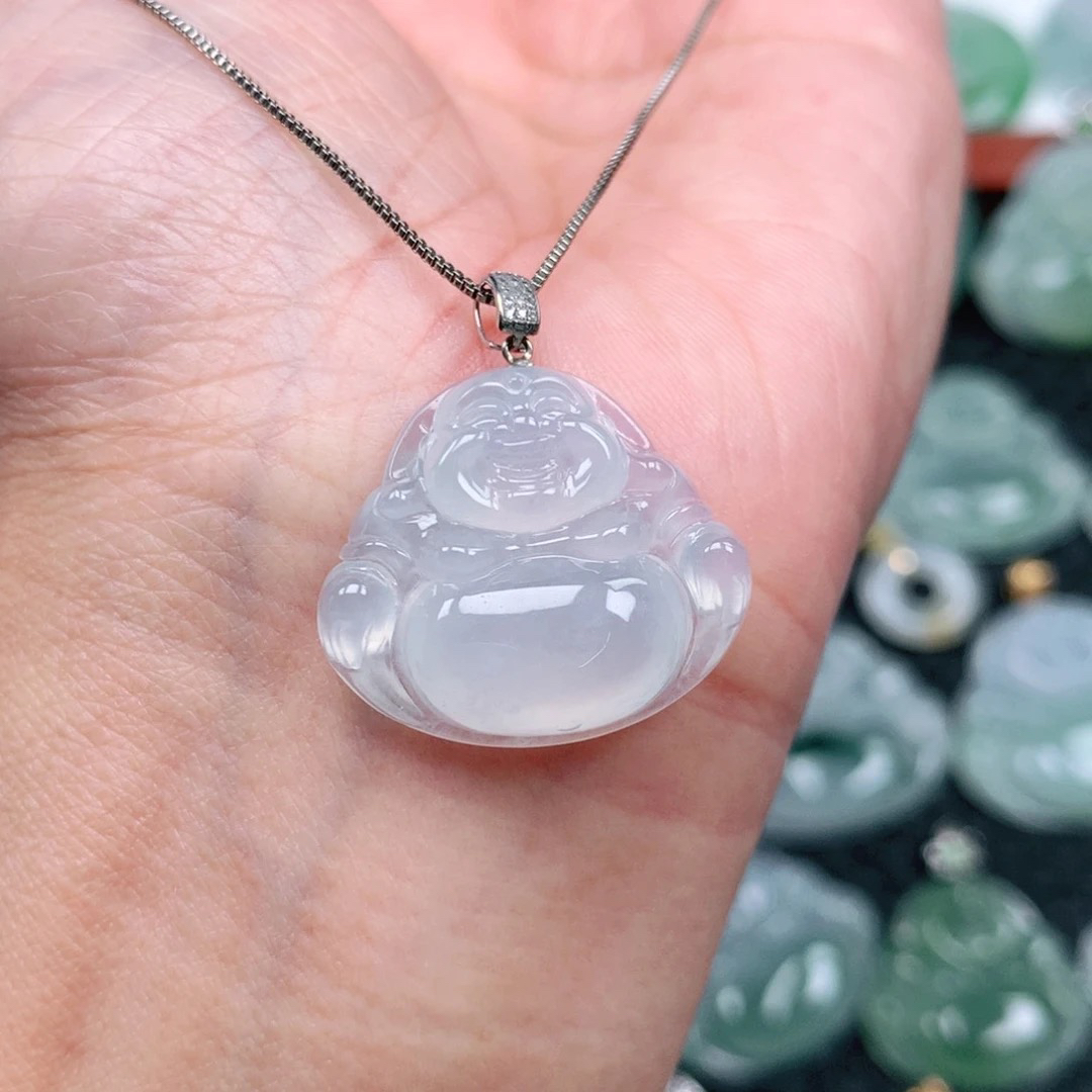 翡翠A货 18k金镶嵌白冰冰润佛公吊坠