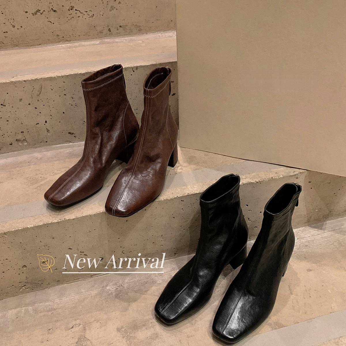 【茵茵家】苏黎世傍晚~法式小方头显瘦百搭粗跟瘦瘦短靴女秋冬新款 