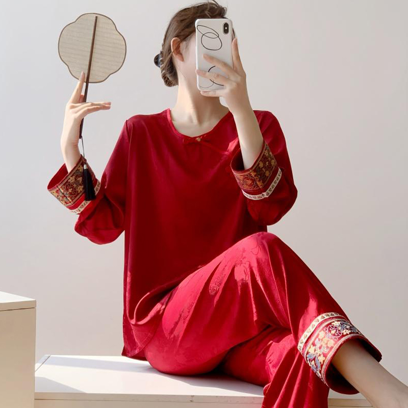 刺绣新年红色中式国风睡衣女长袖春夏薄款冰丝甜美大码家居服套装