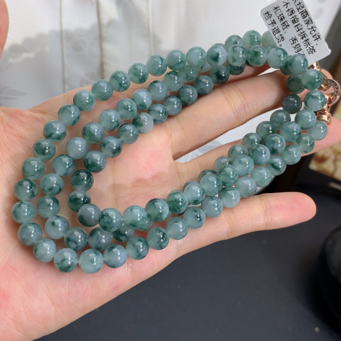 翡翠未镶嵌手串卡7胶润蓝飘花项链