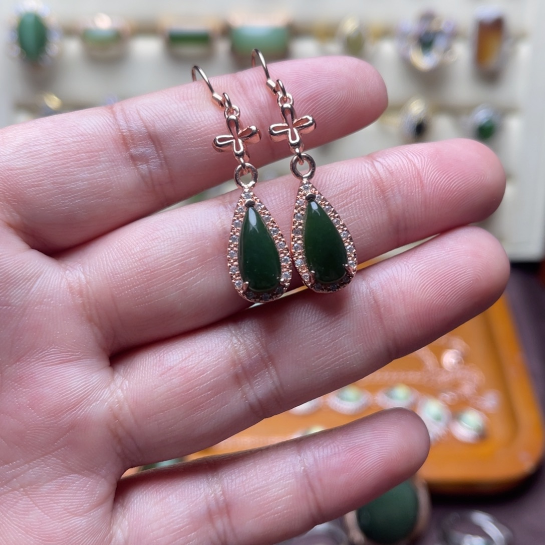 和田玉银S925镶嵌耳饰