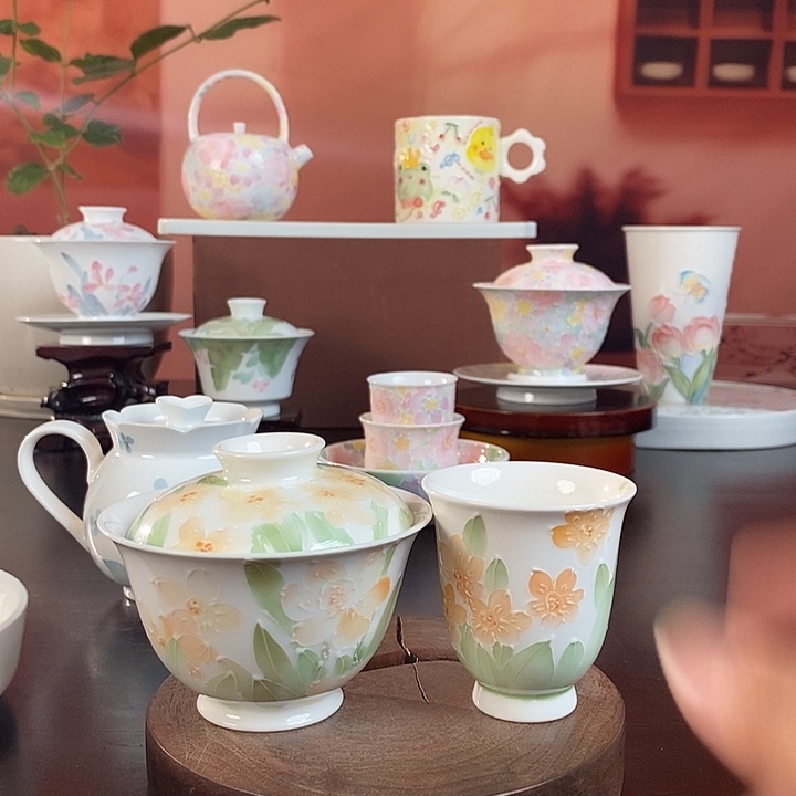 水仙花盖碗➕品茗杯手绘釉下高温