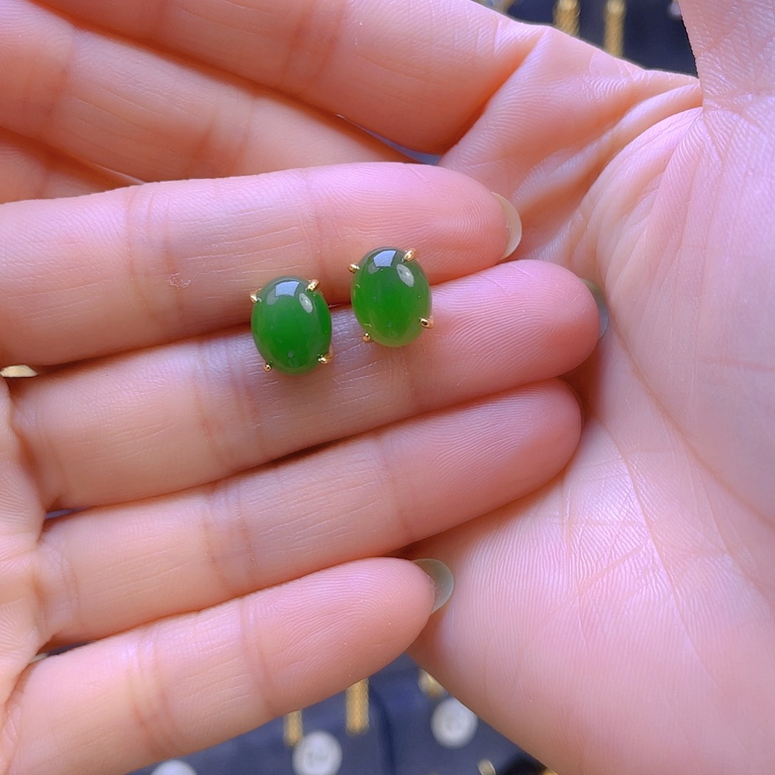 和田玉耳饰银S925镀金镶嵌