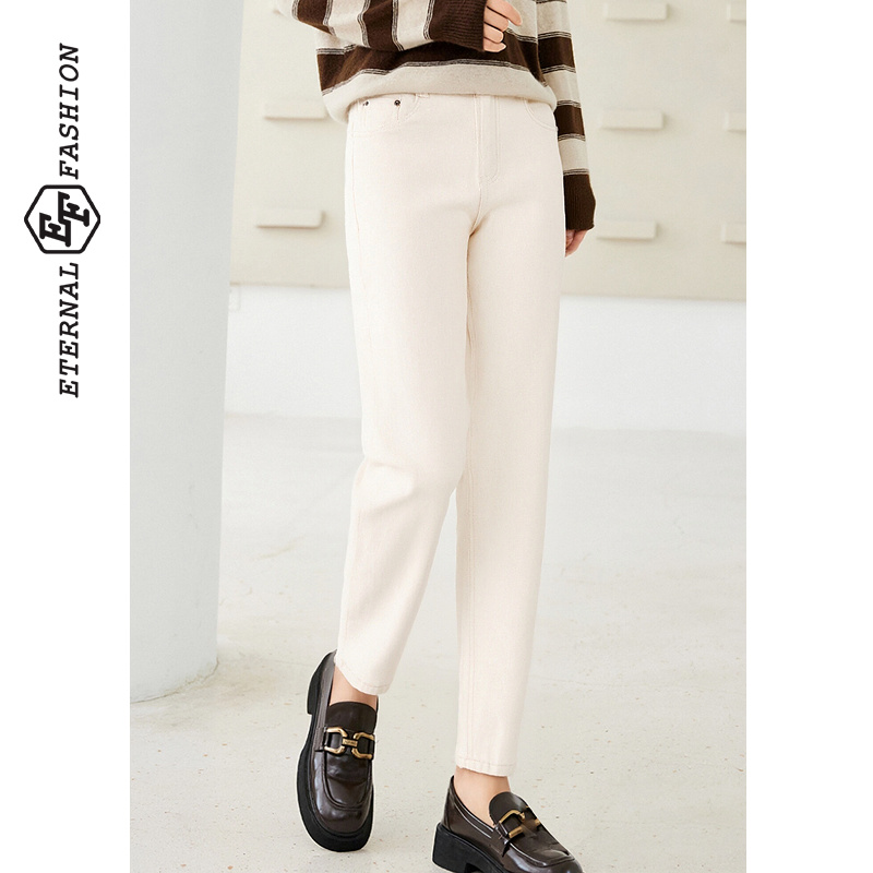 【达人专属】EF休闲气质牛仔裤纯色简约高腰小脚裤E1244N0001