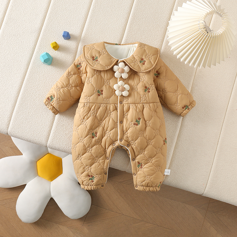 冬季女宝宝前拼两朵花加绒保暖外穿公主连体前拼圆领薄棉哈衣