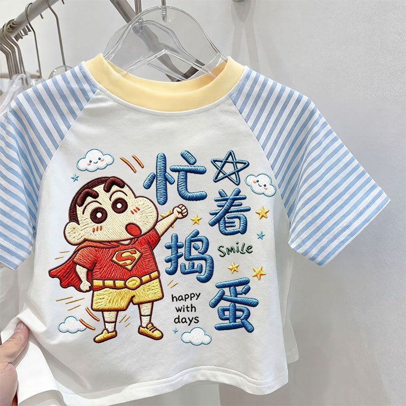 日系可爱风蜡笔小新仿刺绣印花纯棉短袖T恤男女撞色拼接卡通上衣t