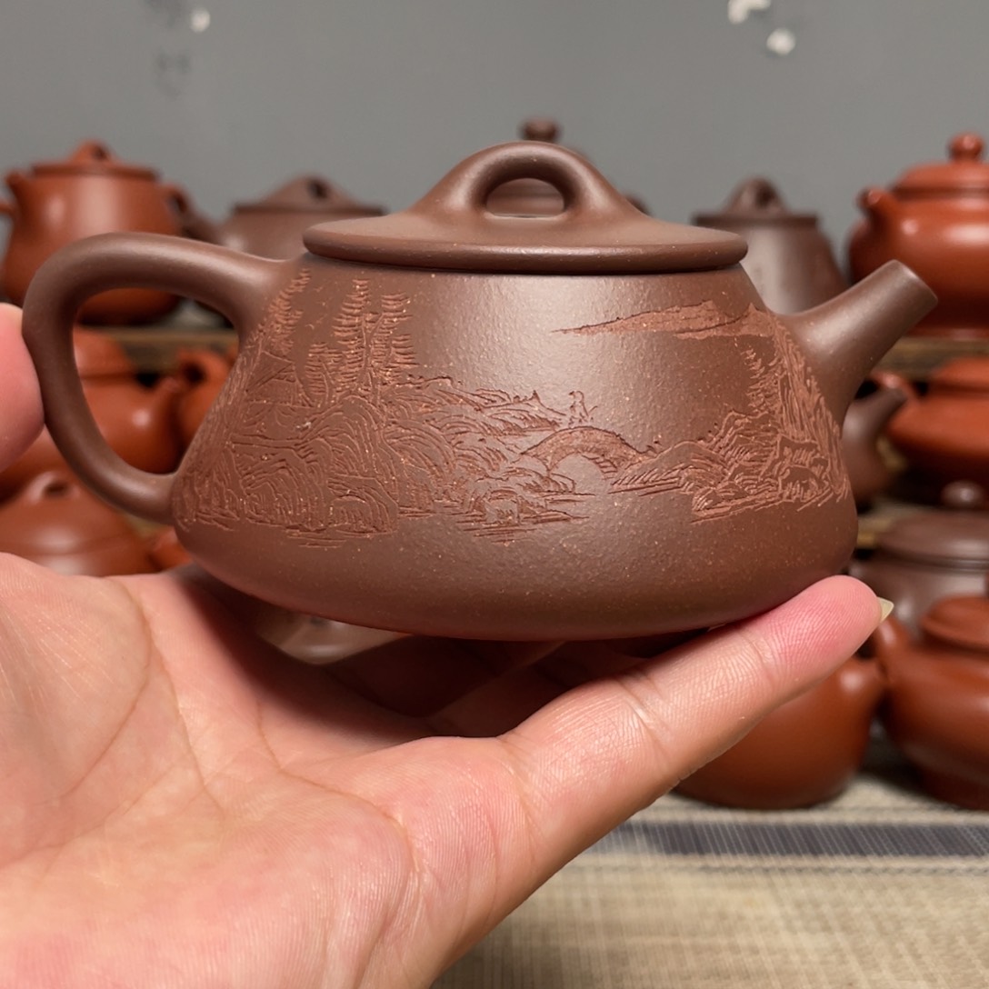 平盖石瓢（山水）-原矿底槽清-240容量-全手工拍打成型-手工紫砂壶