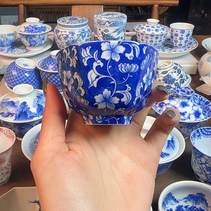 名窑口 花卉杯六方描银主人杯