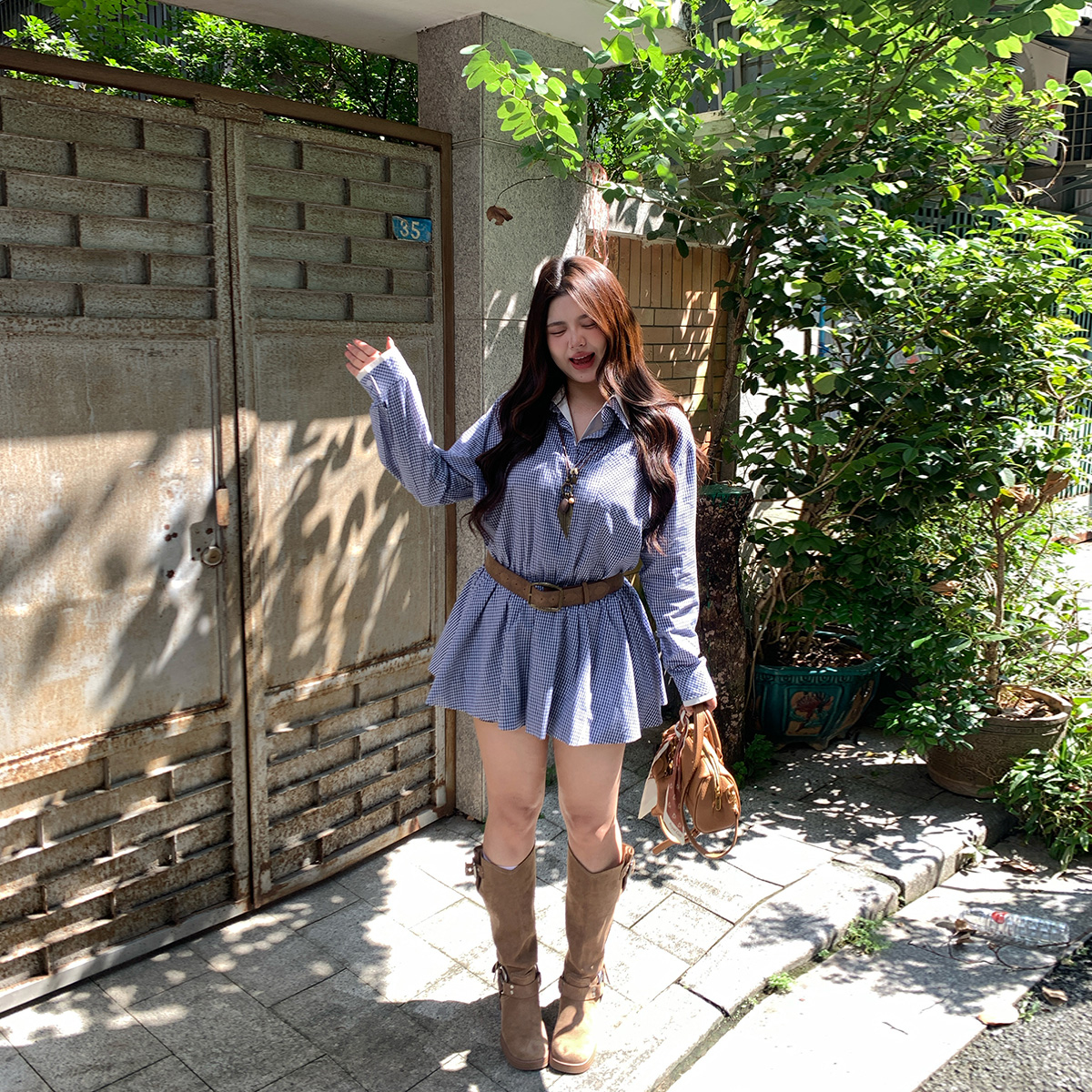 王葡萄【重新定义】微胖MM学院风格子女新款收腰衬衫连衣裙DM1308