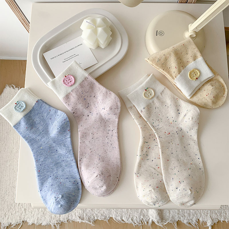 卡通苹果纽扣袜子韩版温柔点子纱堆堆袜甜美拼色休闲学院风中筒袜