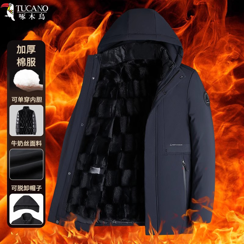 啄木鸟男士冬季连帽防风大码休闲棉服加绒加厚保暖中长款棉衣外套商品图