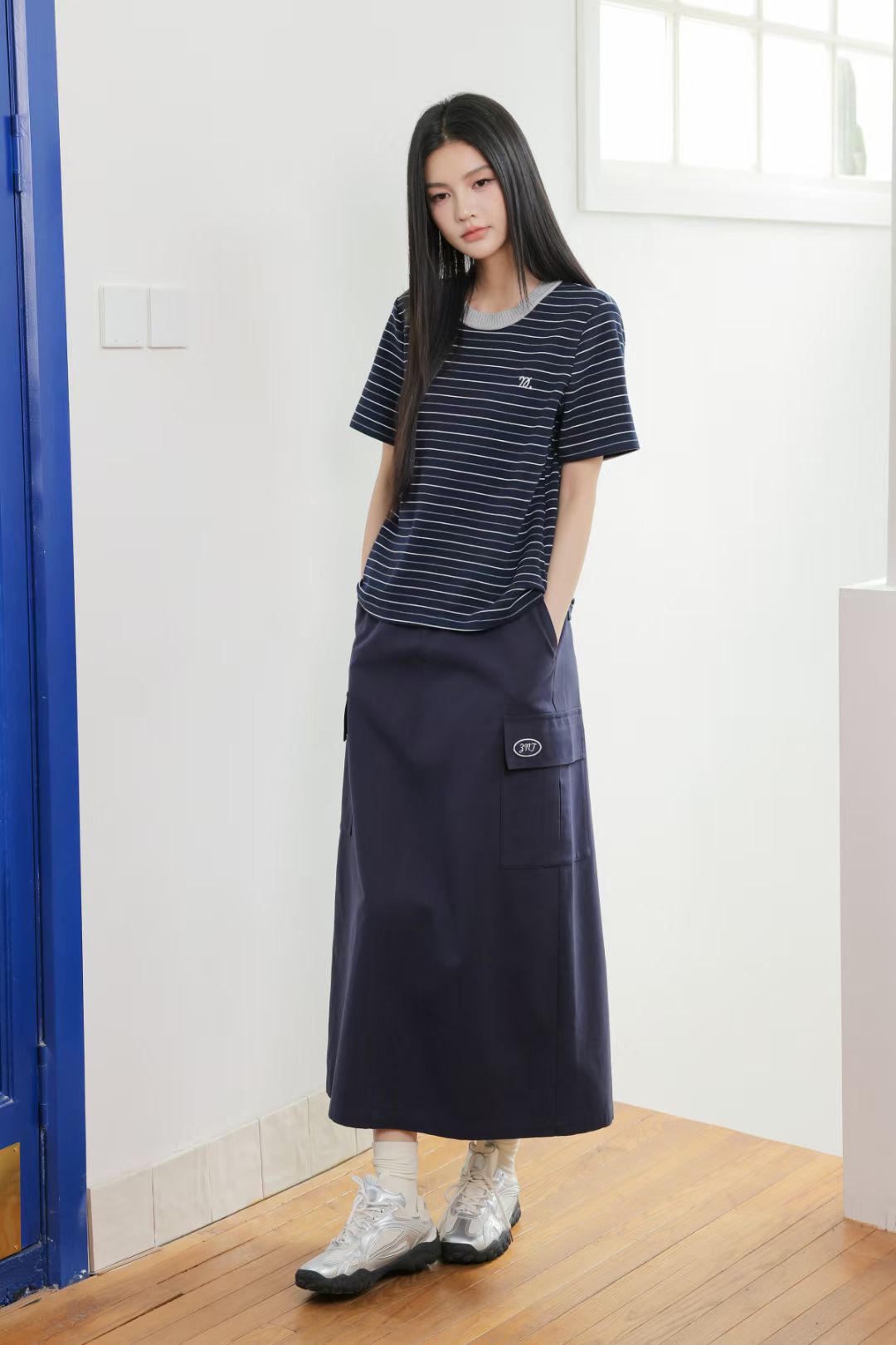 柚丁条纹夏季直筒型T恤时尚宽松型圆领春夏短袖宽松