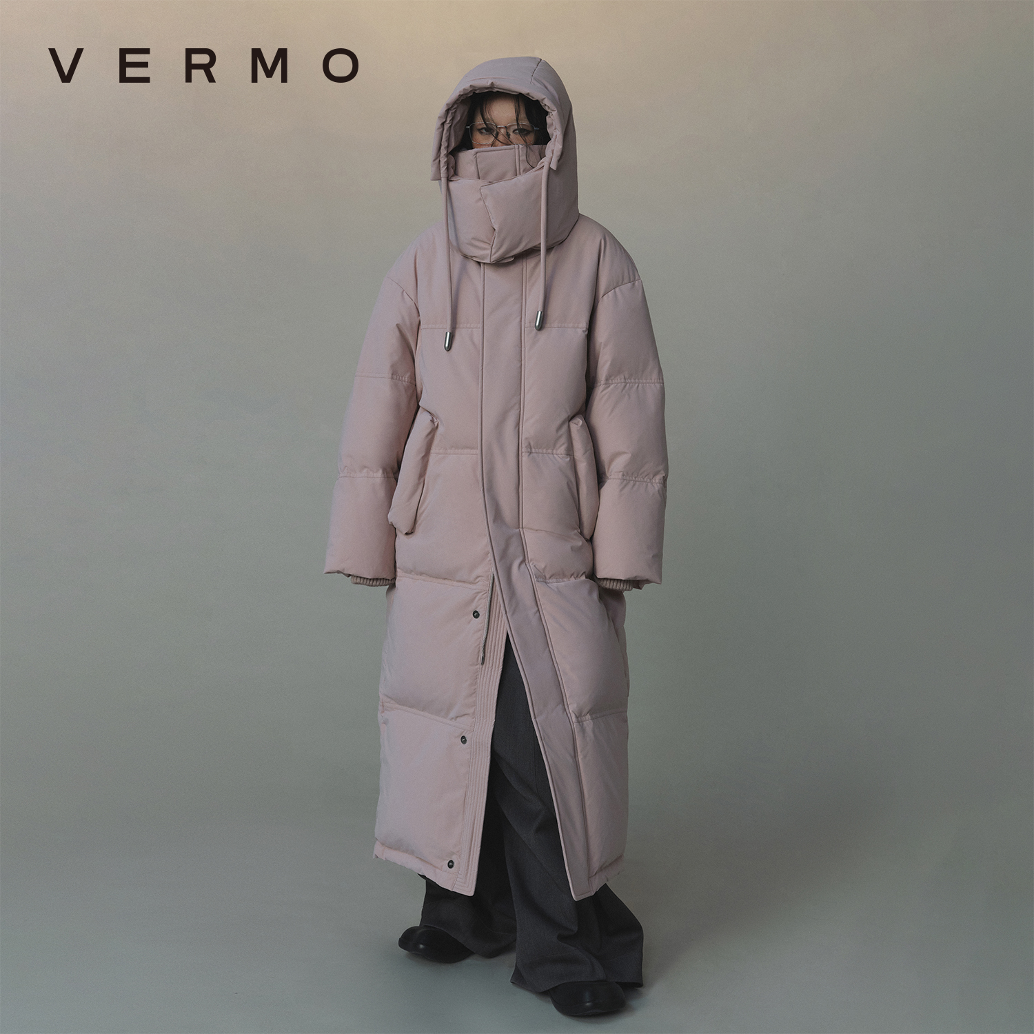 VERMO 灰桃粉经典超长加厚重磅防寒保暖连帽羽绒服外套V7058
